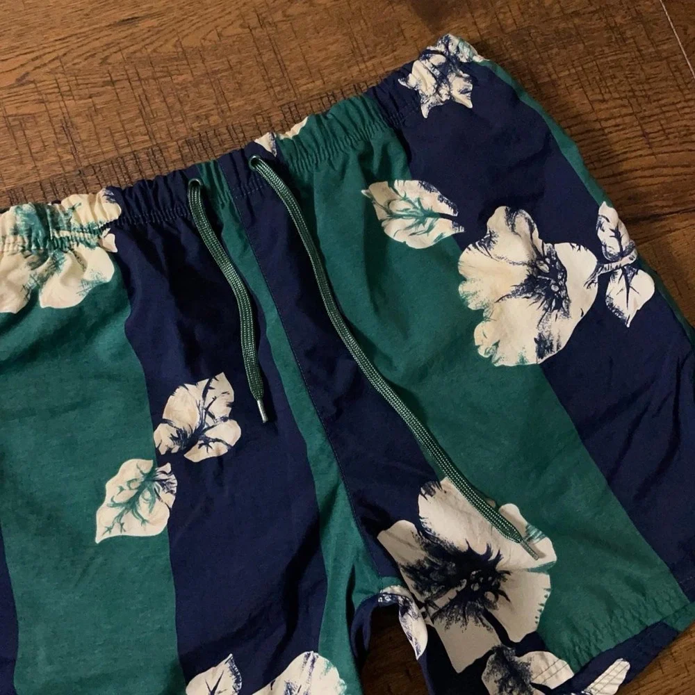 Nautica Swim Shorts Mens Medium Green Navy Tropical Floral Striped Vintage